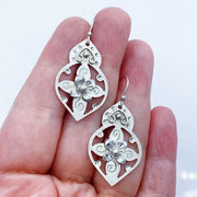 Pierced Floral Arabesque Sterling Silver Earrings Size Comparison to Hand