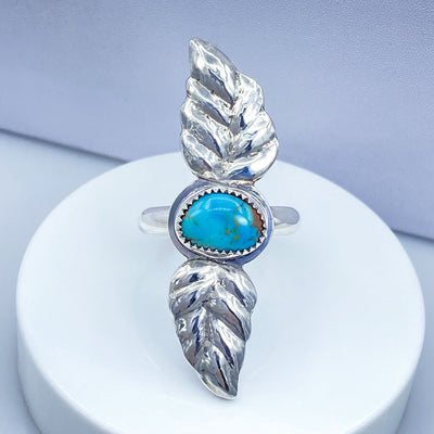 Royston Turquoise Sterling Silver Double Leaf Repoussé Ring Top