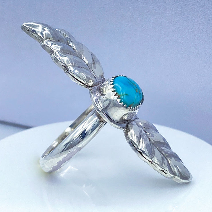 Royston Turquoise Sterling Silver Double Leaf Repoussé Ring Left Side