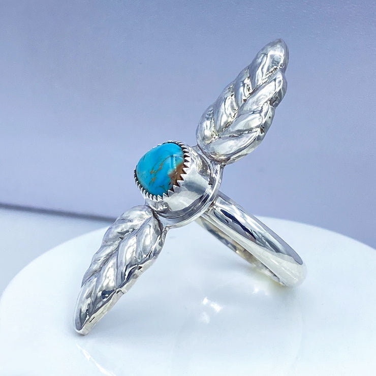 Royston Turquoise Sterling Silver Double Leaf Repoussé Ring Right Side