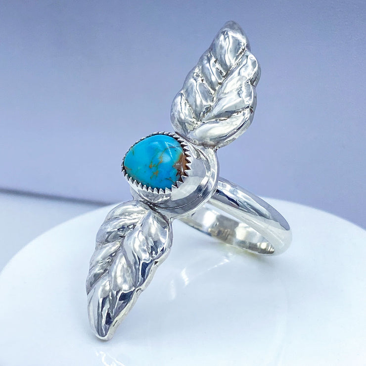 Royston Turquoise Sterling Silver Double Leaf Repoussé Ring Three Quarter View
