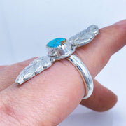 Royston Turquoise Sterling Silver Double Leaf Repoussé Ring on Finger Side View