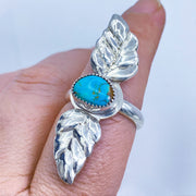 Royston Turquoise Sterling Silver Double Leaf Repoussé Ring on Finger
