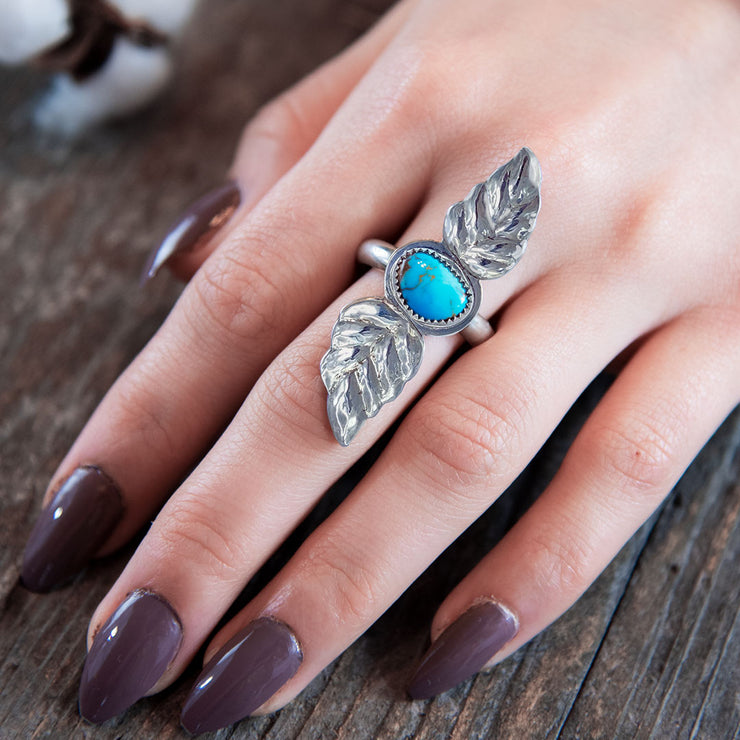 Royston Turquoise Sterling Silver Double Leaf Repoussé Ring