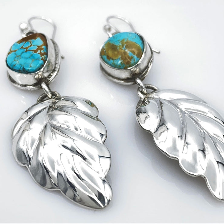 Royston Turquoise and Sterling Silver Repoussé Leaf Earrings closeup of leaves