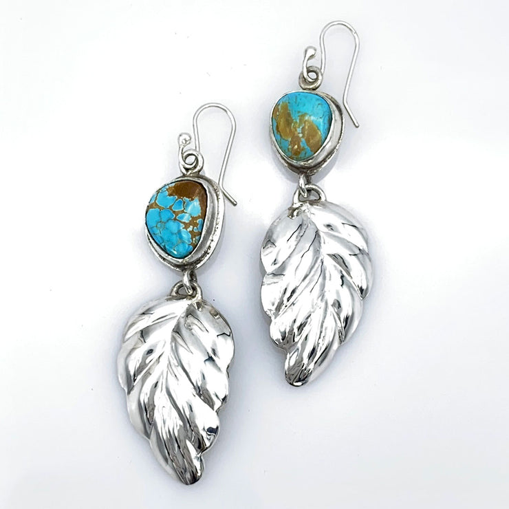 Royston Turquoise and Sterling Silver Repoussé Leaf Earrings Size Comparison to Hand laying flat
