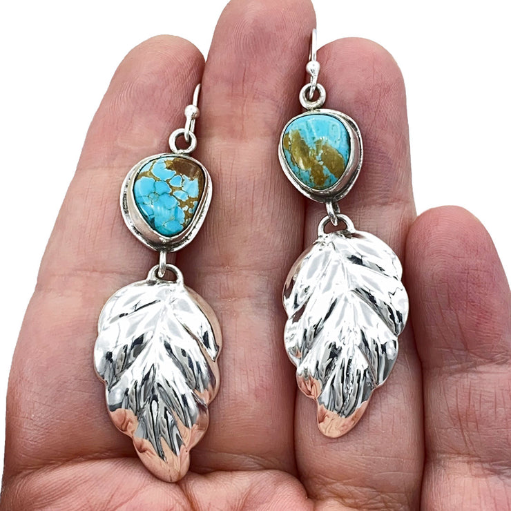 Royston Turquoise and Sterling Silver Repoussé Leaf Earrings Size Comparison to Hand