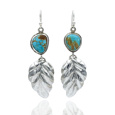 Royston Turquoise and Sterling Silver Repoussé Leaf Earrings