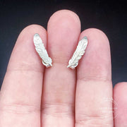 Sterling Silver Feather Ear Climber Post Earrings Size Comparison to Hand