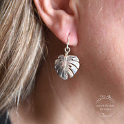 Sterling Silver Monstera Leaf Earrings on Model