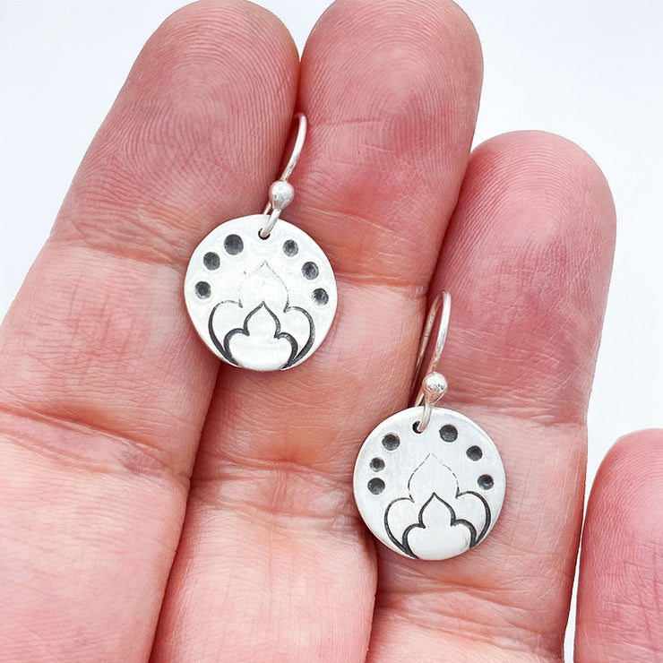 Sterling Silver Moroccan Stamped Disc Earrings size comparison to hand