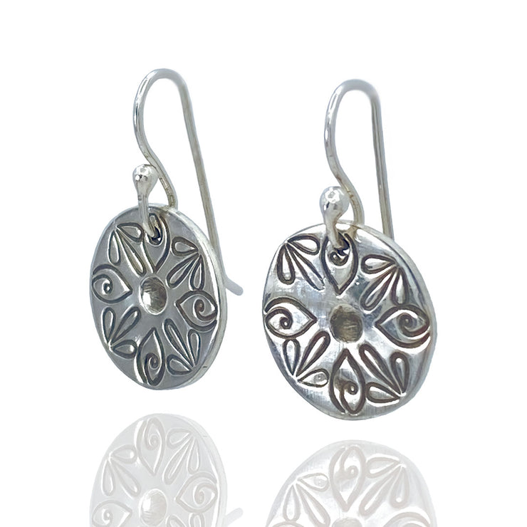 Sterling Silver Radiant Petal Stamped Disc Earrings three quarter view