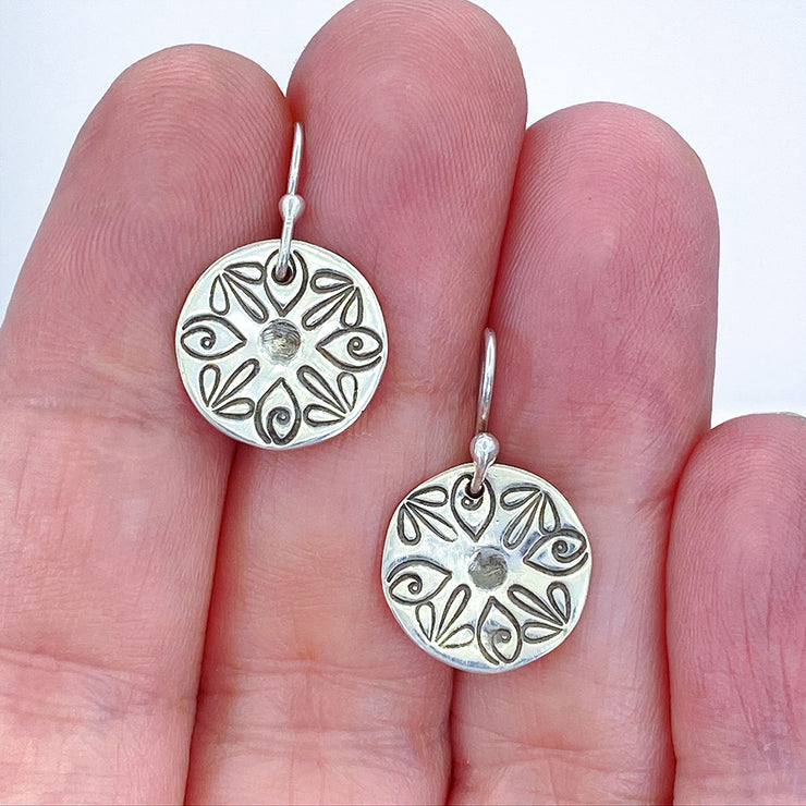 Sterling Silver Radiant Petal Stamped Disc Earrings Size Comparison to hand