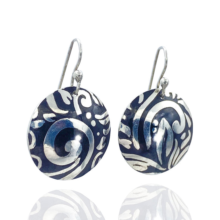Sterling Silver Swirl Textured Domed Medallion Earrings three quarter view