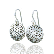 Sterling Silver Lotus Flower Stamped Disc Earrings Three Quarter View