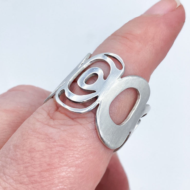 Sterling Silver Modern Freeform Circles Adjustable Ring on Finger Side View