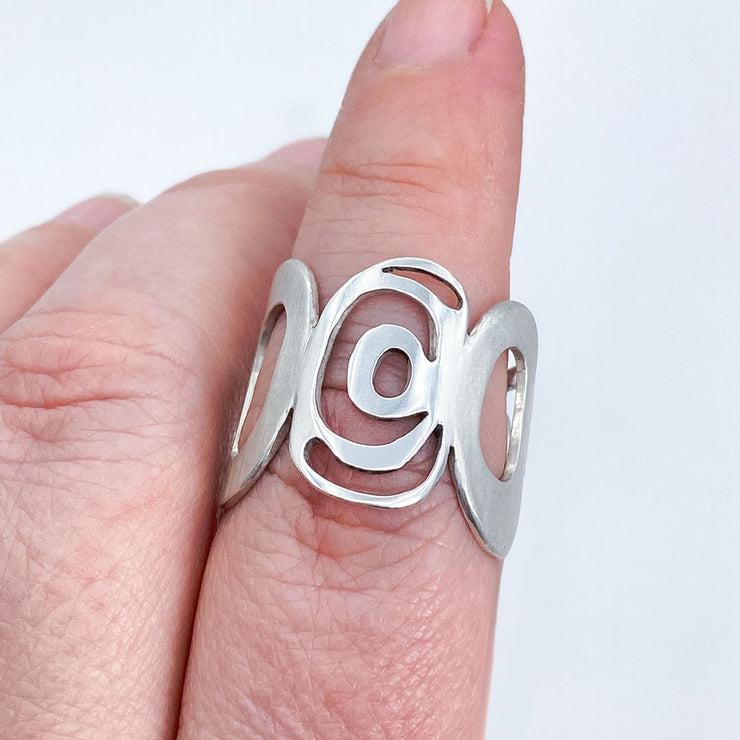 Sterling Silver Modern Freeform Circles Adjustable Ring on Finger