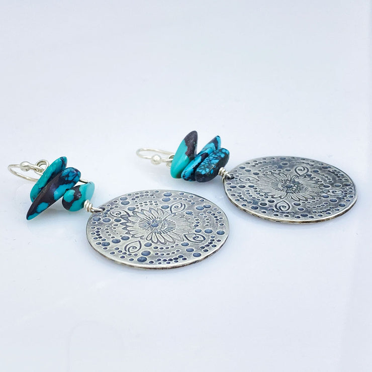 Turquoise Beaded Sterling Silver Stamped Medallion Earrings Laying Flat side view