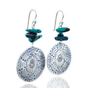 Turquoise Beaded Sterling Silver Stamped Medallion Earrings Laying Flat three quarter view