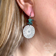 Turquoise Beaded Sterling Silver Stamped Medallion Earrings on Model