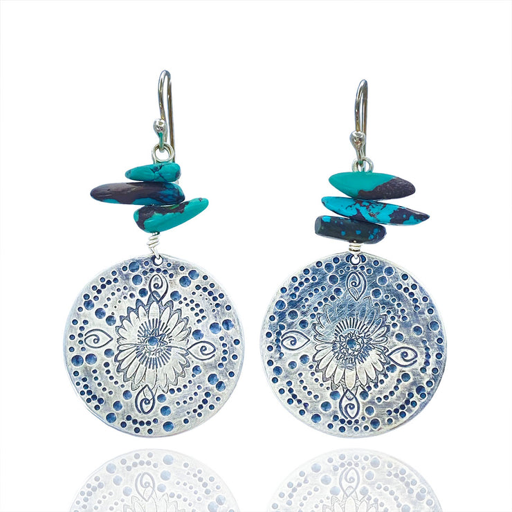 Turquoise Beaded Sterling Silver Stamped Medallion Earrings
