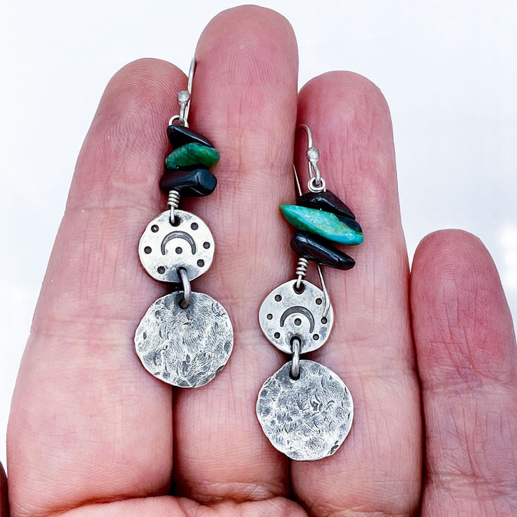 Turquoise Hematite Beaded Sterling Silver Double Pebble Earrings in comparison to a hand
