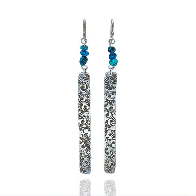Sterling Silver Floral Bar Earrings with Turquoise Beads