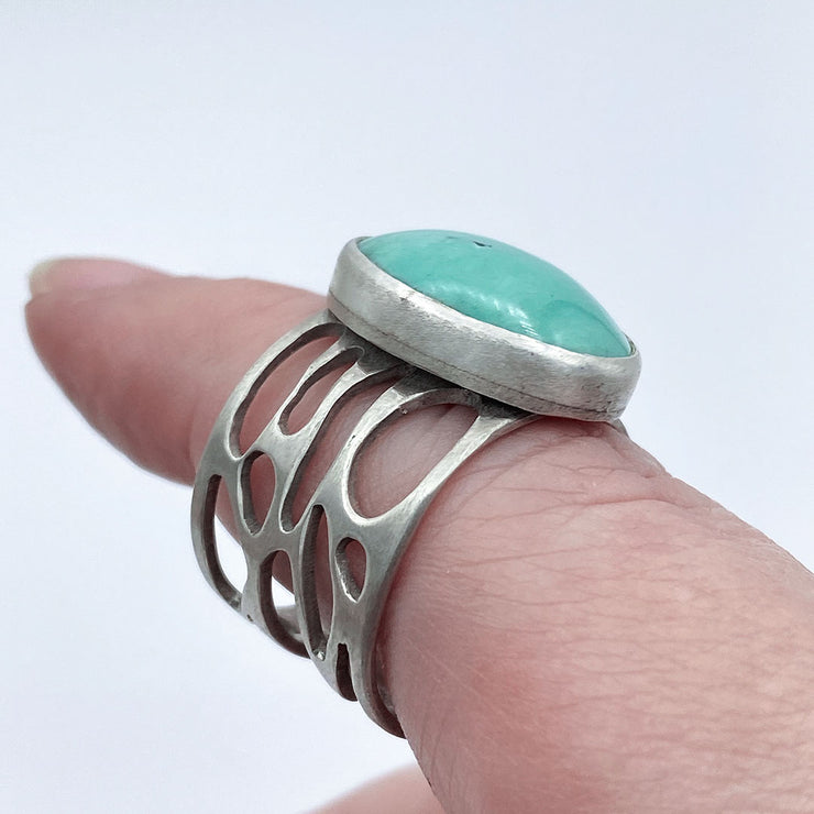 Turquoise and Sterling Silver Organic Pebble Ring Left Side View on finger