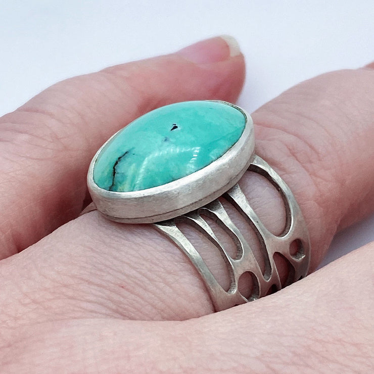 Turquoise and Sterling Silver Organic Pebble Ring Side View on finger