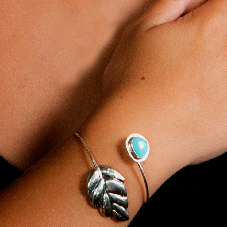 Royston Turquoise and Sterling Silver Repoussé Adjustable Leaf Bracelet Closeup on Model