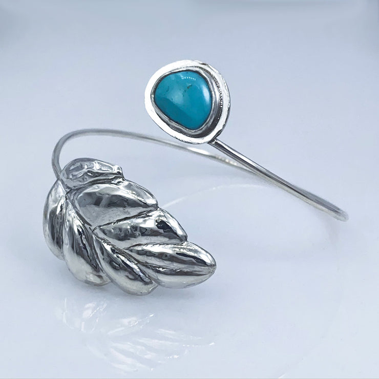 Royston Turquoise and Sterling Silver Repoussé Adjustable Leaf Bracelet Three Quarter View