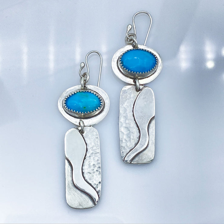 Turquoise and Sterling Silver River Earrings Size Comparison laying flat