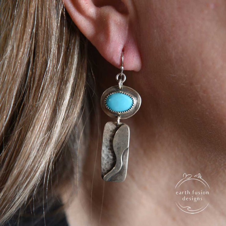 Turquoise and Sterling Silver River Earrings on Model