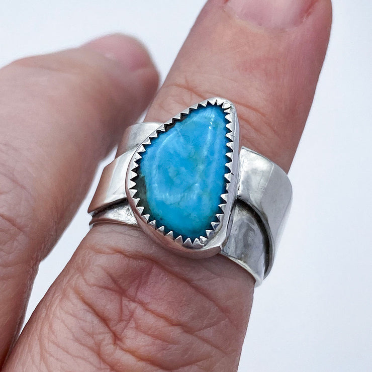 Turquoise and Sterling Silver River Ring on finger top view