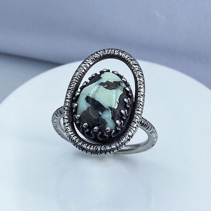 Variscite and Sterling Silver Bark Ring Side View Three Quarter View