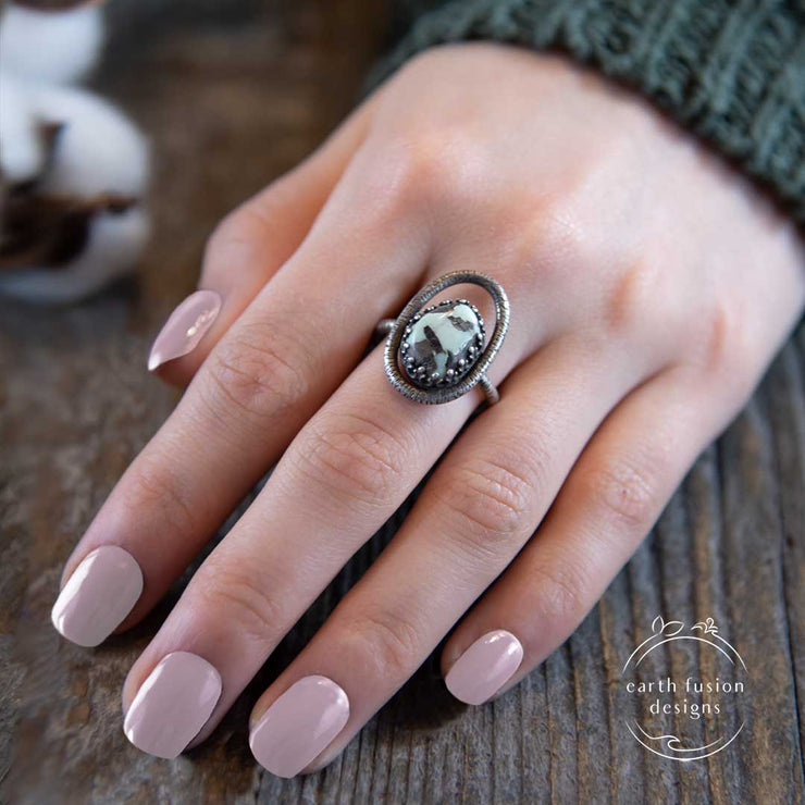 Variscite and Sterling Silver Bark Ring on Model's Hand